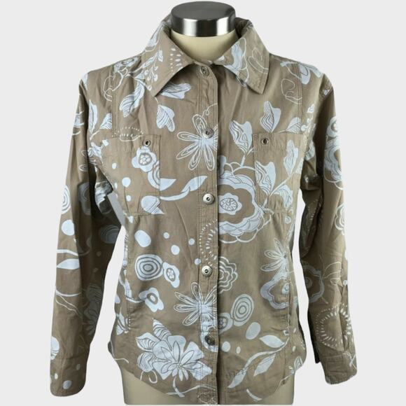 Fresh Produce Womens XS Tan White Button Front Jacket Floral Pockets - Picture 1 of 8